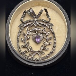 Vintage Sterling Marcasite Amethyst Pendant Regency Style Bridgerton Kinetic